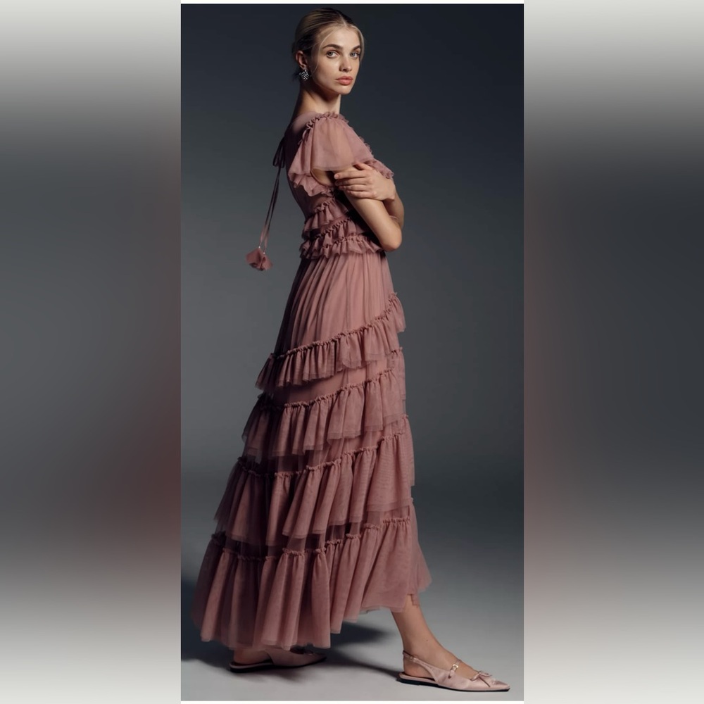 NWOT By Anthropologie Pink Ruffle-Sleeve Tiered Tulle Midi Dress Sz L